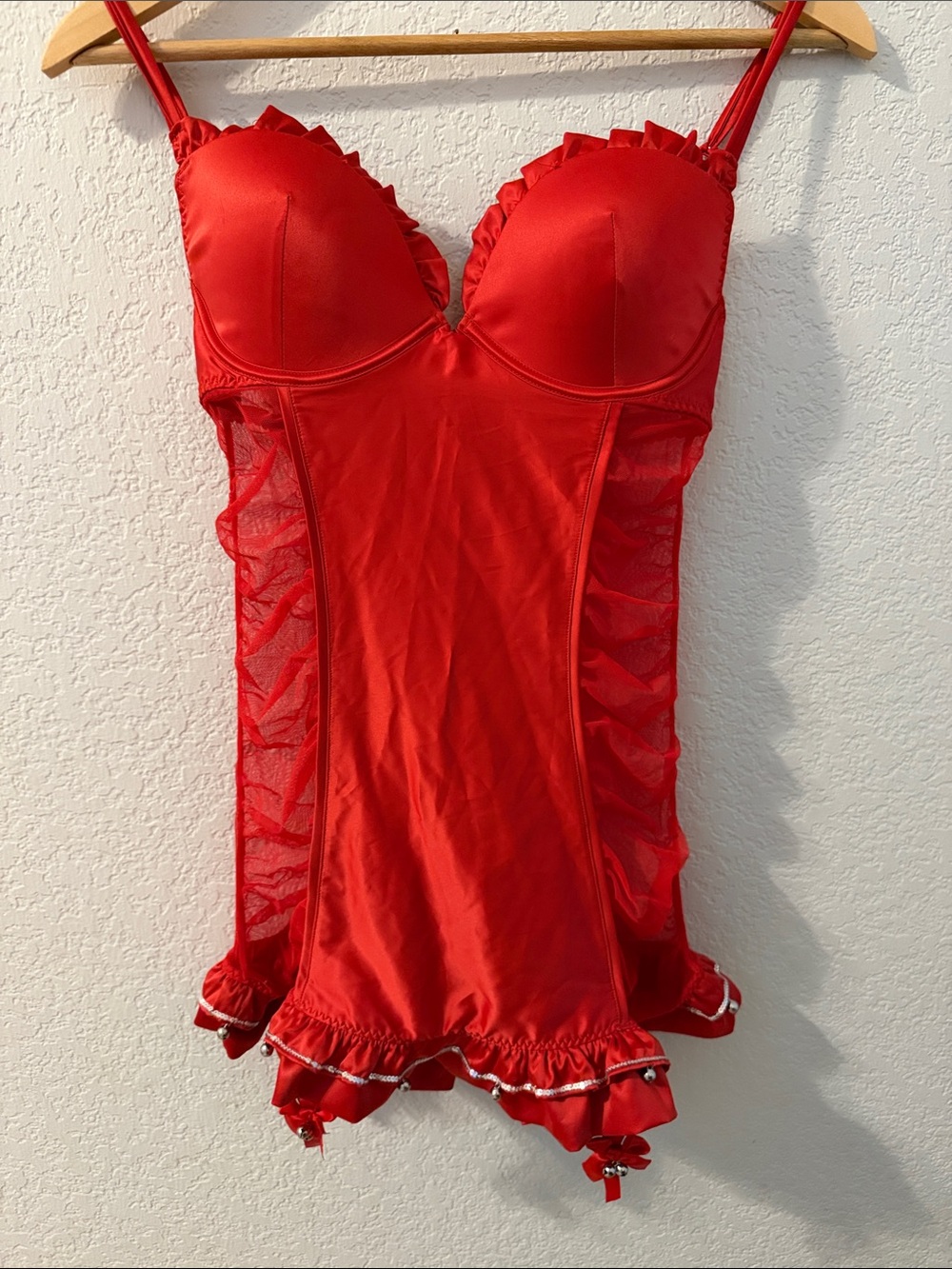 Vintage Victoria Secret Red Ruffled Satin Bustier Chemise - Women Intimates